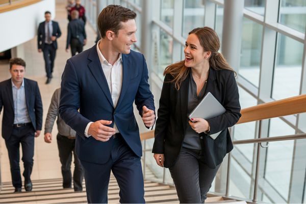 Zwei Personen gehen gemeinsam eine Treppe im Bürogebäude hinauf und unterhalten sich während der Bewegung.